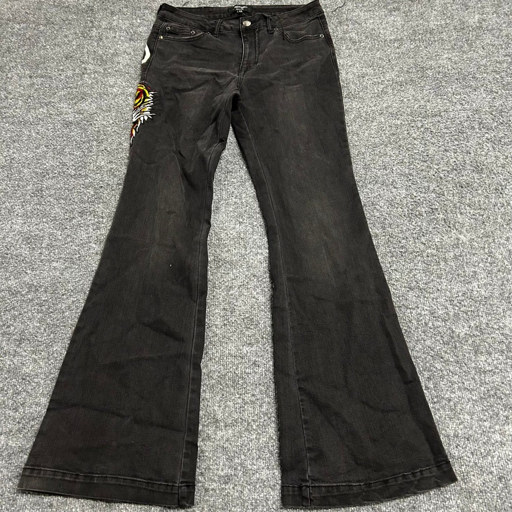 Ed Hardy Jeans Womens Size 28 Black Tiger Embroidery Flare Leg Graphic Denim